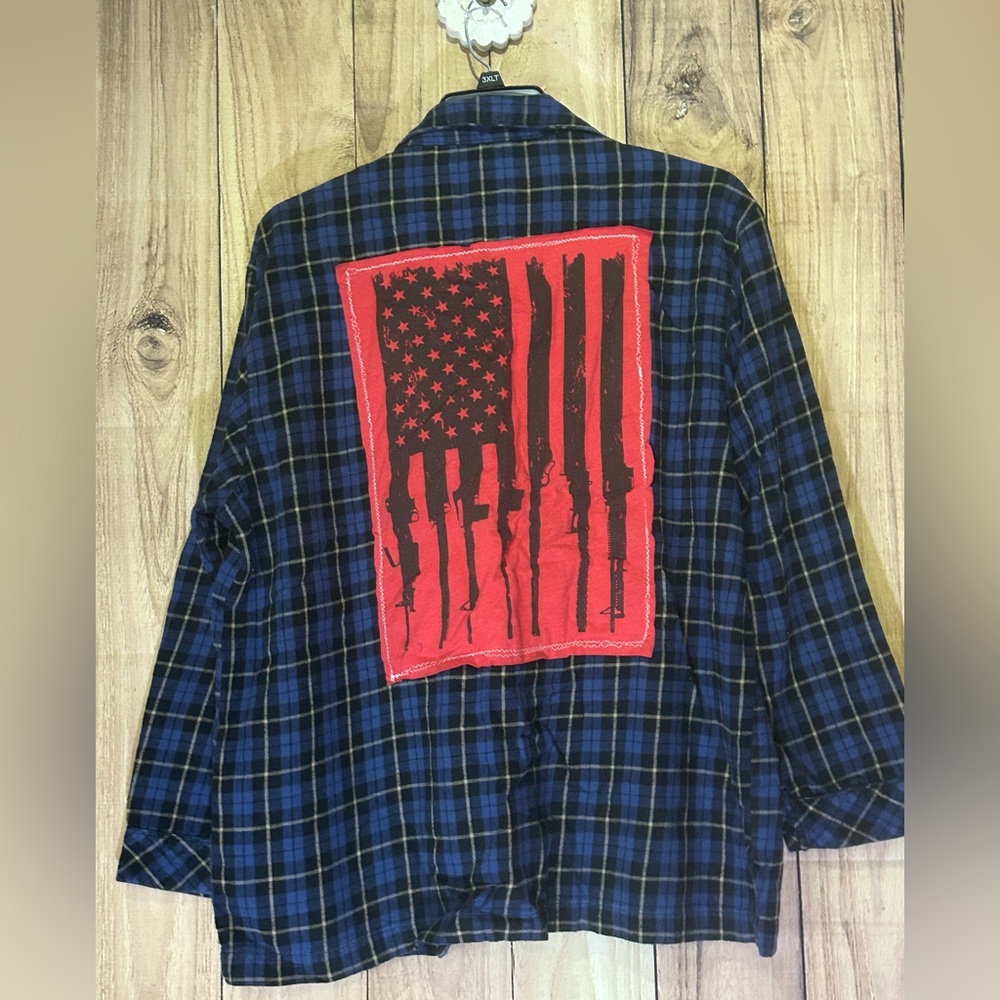 NWT UpCycled Graphic Flannel Military Flag Graphic Flannel size Large